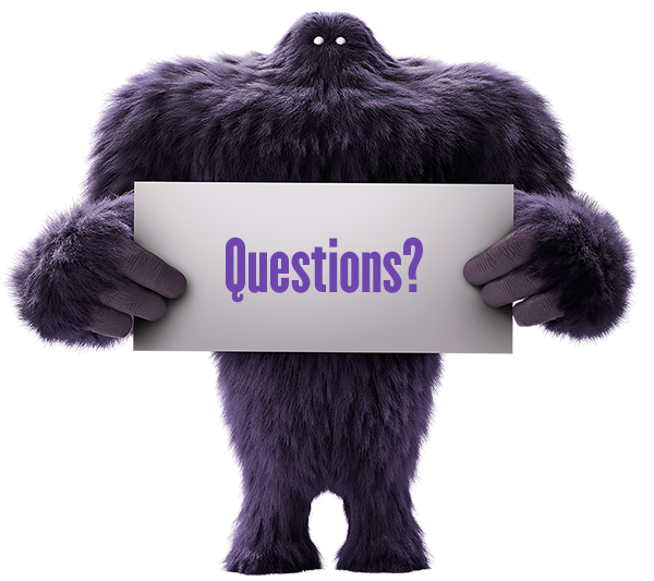 Monster mascot holding a sign that says Questions?